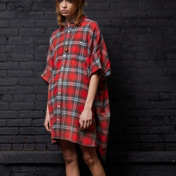 New R13 Plaid Oversize Cotton Flannel Shirtdress in Red Plaid Size XS - Picture 2 of 8